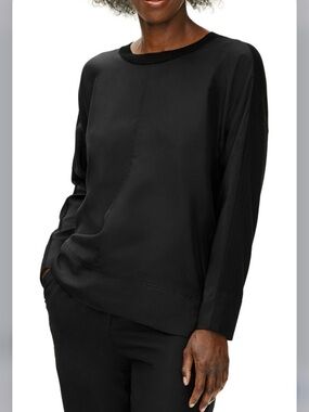 Eileen Fisher Black Stretch Silk Blend Crepe & Silk Long Sleeve Top XS
